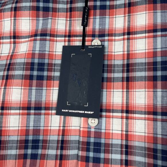 Hart Schaffner Marx Shirt Large Red Blue Linen Blend Button Up Long Sleeve NEW - Picture 3 of 15